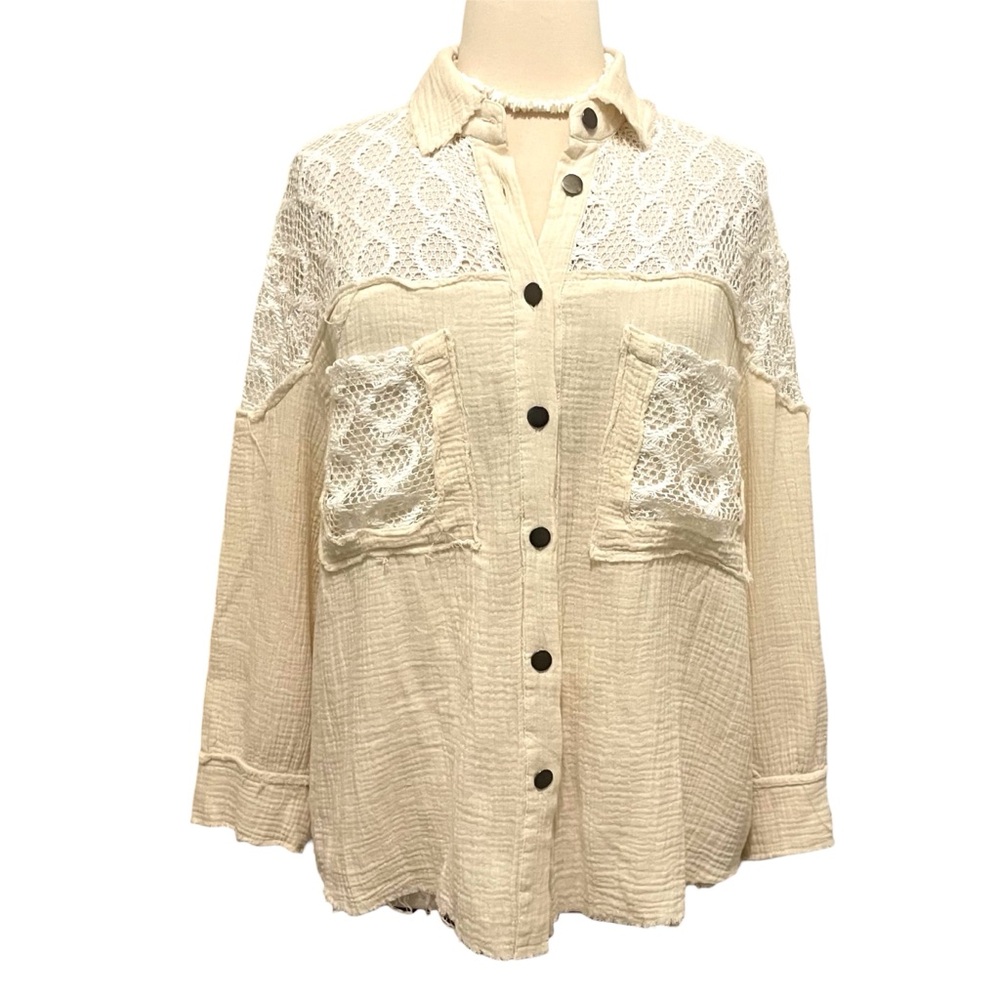 NWT POL Cream Crochet Yoke Button-Down Shirt sz M